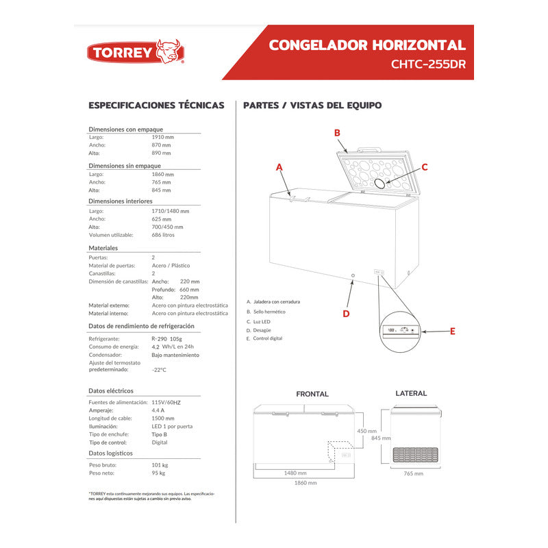 Congelador Horizontal Torrey Chtc-255dr Blanco 25ft³ Reyfri