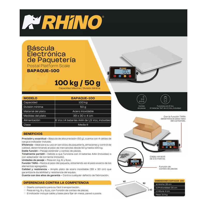 Báscula Para Paquetería Rhino Bapaque-100 Kg C/indicador Negro