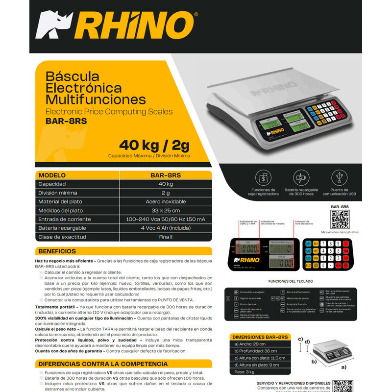 Báscula Digital 40kg Rhino Bar8-rs Conexion A Pc Cable Inc. Gris