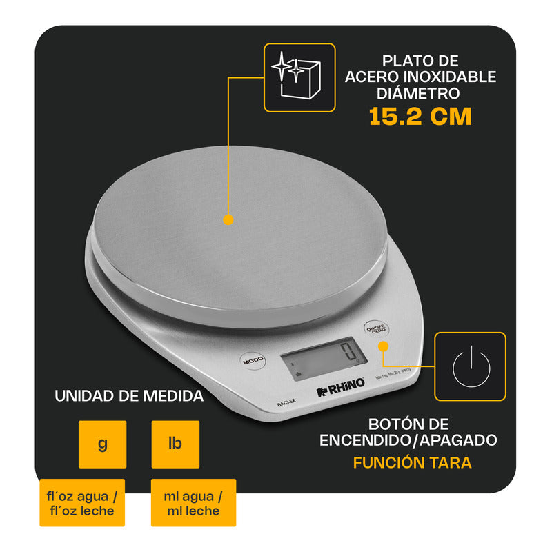 Báscula Rhino 5kg Plato Acero Inoxidable Baci-5x  5 Kg