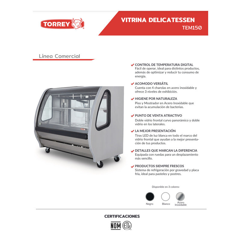 Vitrina Delicatessen Torrey Tem-150 Color Blanco 1.5m Reyfri Curvo