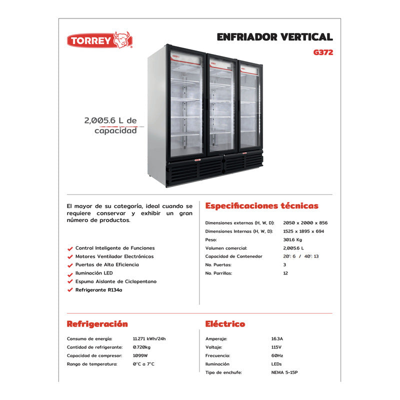 Refrigerador Vertical Torrey G372 72 Pies 3 Puertas Reyfri Acero