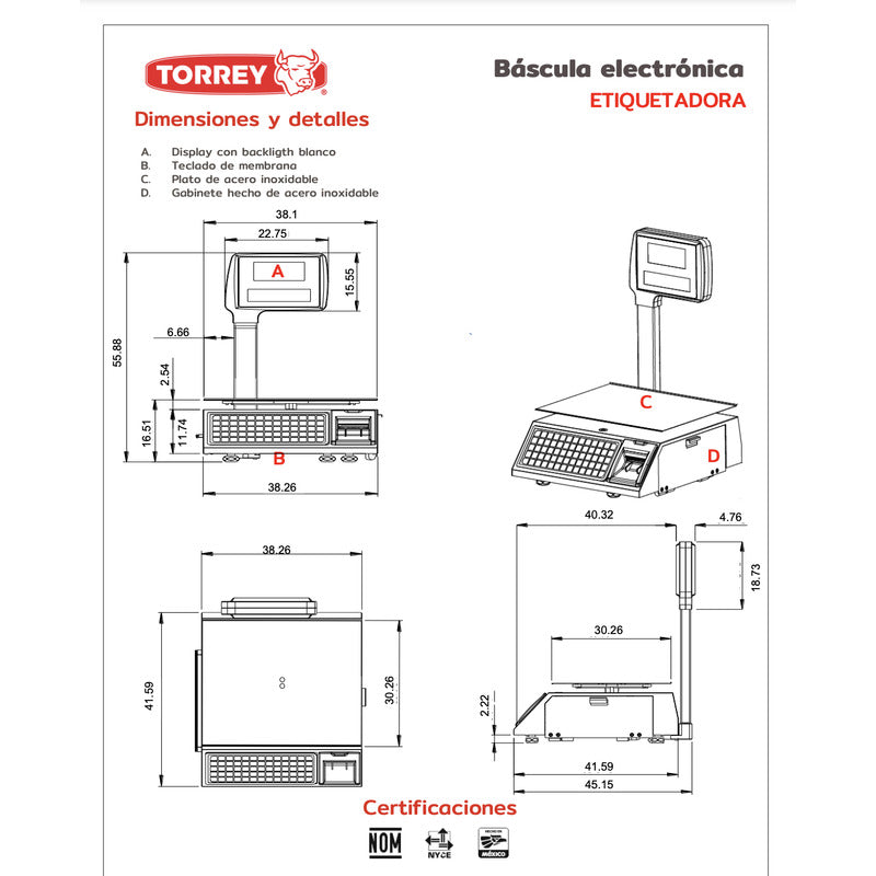 Báscula Comercial Digital Torrey W-label 20kg 38 cm X 30 cm