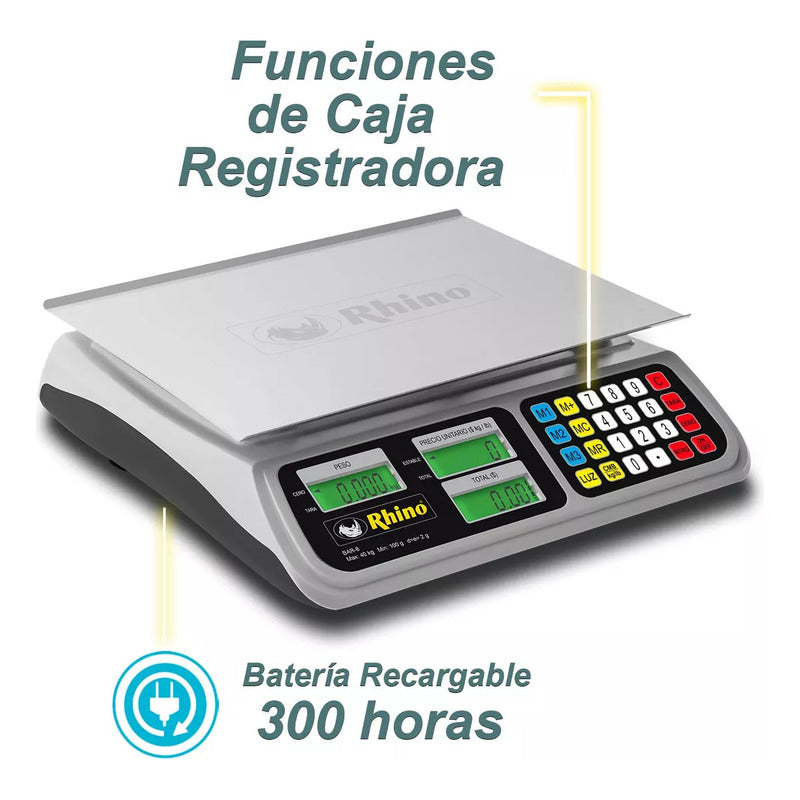 Báscula Comercial Digital Rhino Bar-8 40kg 33 cm X 23 cm Aluminio