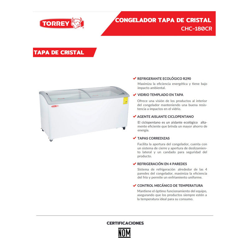 Congelador Horizontal Torrey Vidrio Curvo Chc-180cr Reyfri Blanco