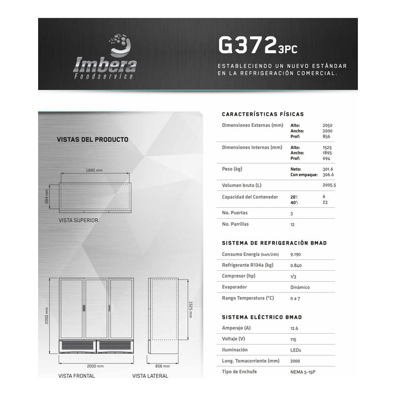 Refrigerador Comercial Imbera G372 72 Pies 3 Puertas Reyfri Gris