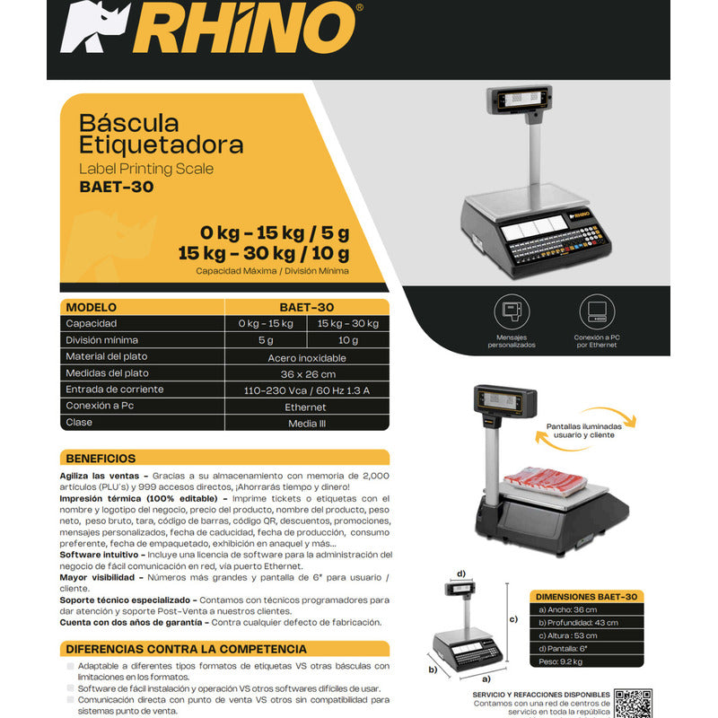 Báscula Etiquetadora Digital Rhino Baet-30 30kg Con Mástil 34 Cm X 26 Cm