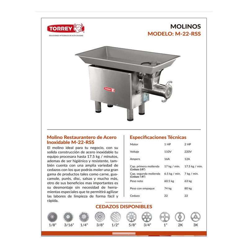 Molino Torrey Para Alimentos Cabezal Acero Inox 1 Hp M22-rss