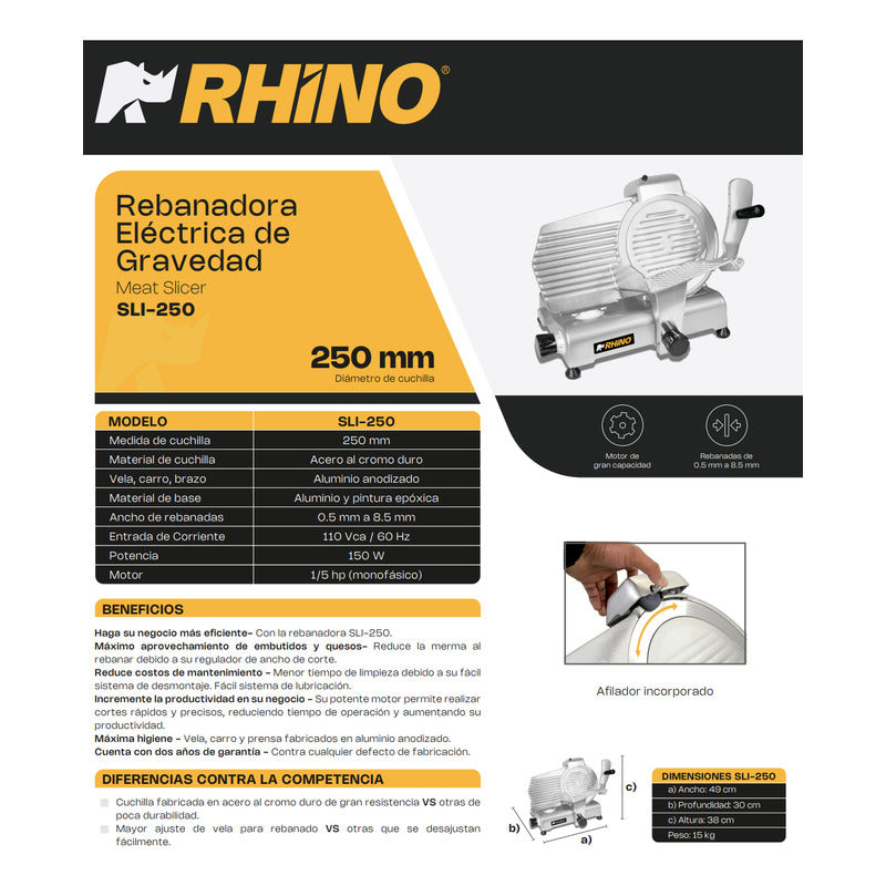 Rebanadora Jamon Marca Rhino Cuchilla De 250 Mm   Gris