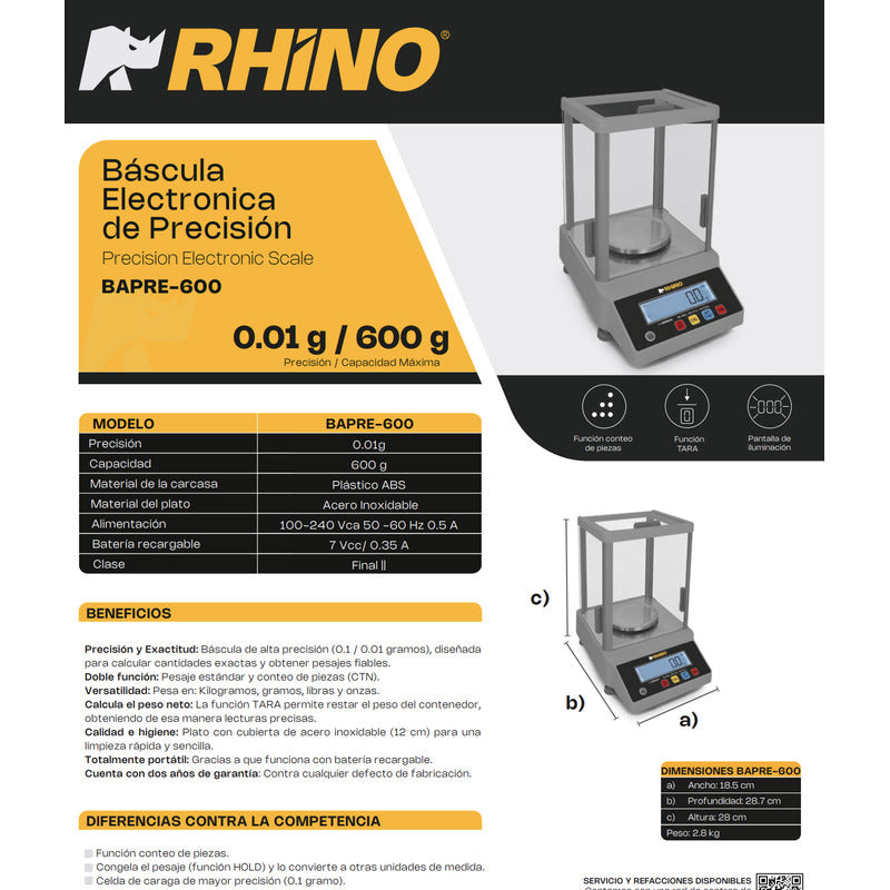 Báscula Digital Electrónica Rhino Bapre-600 Precisión 0.01g