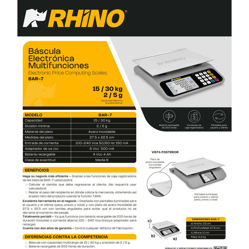 Báscula Eléctrica Digital Multifuncional 30 Kg Rhino Bar-7  Gris