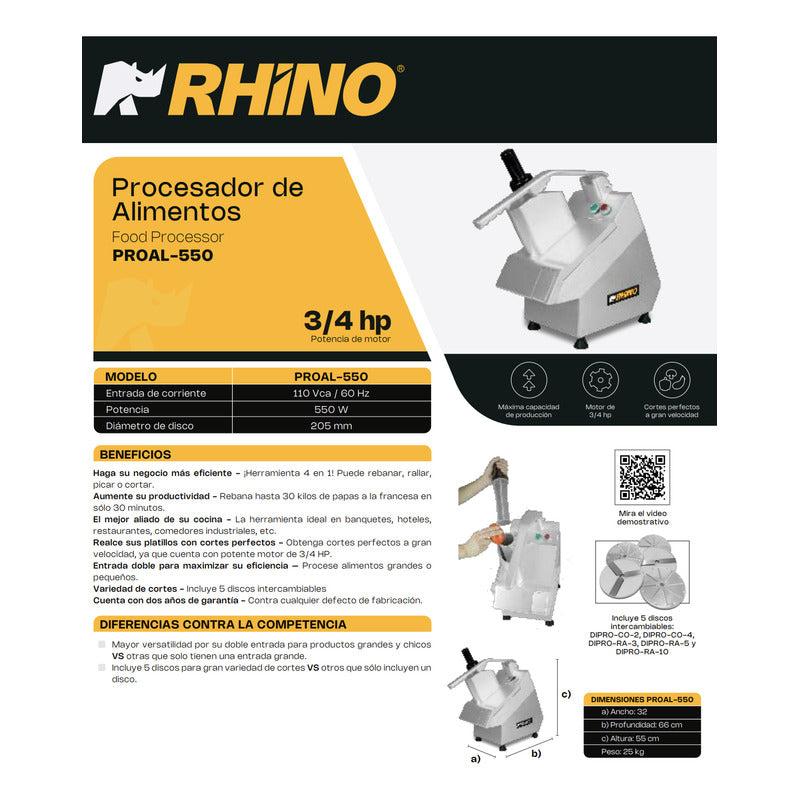 Procesador Alimentos Rhino Proal 550 Incluye 5 Discos Corte. Gris