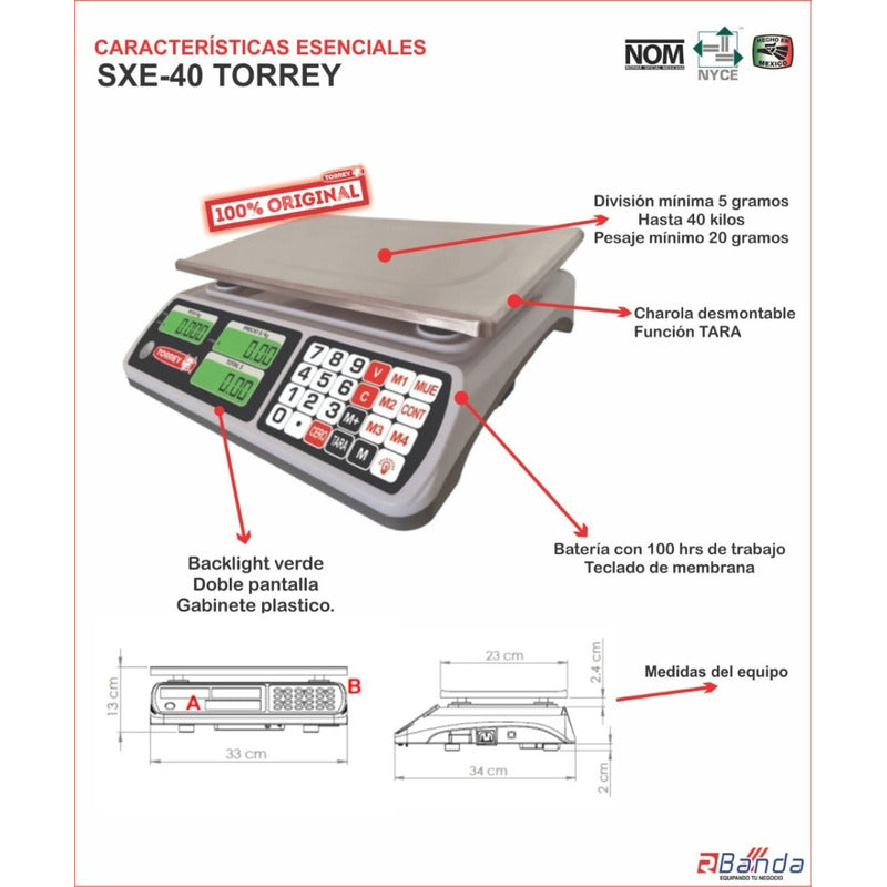 Bascula Digital Comercial Industrial Torrey Sxe-40 Peso Máximo Soportado 40 Kg Precisión De 5 Gramos Batería Recargable