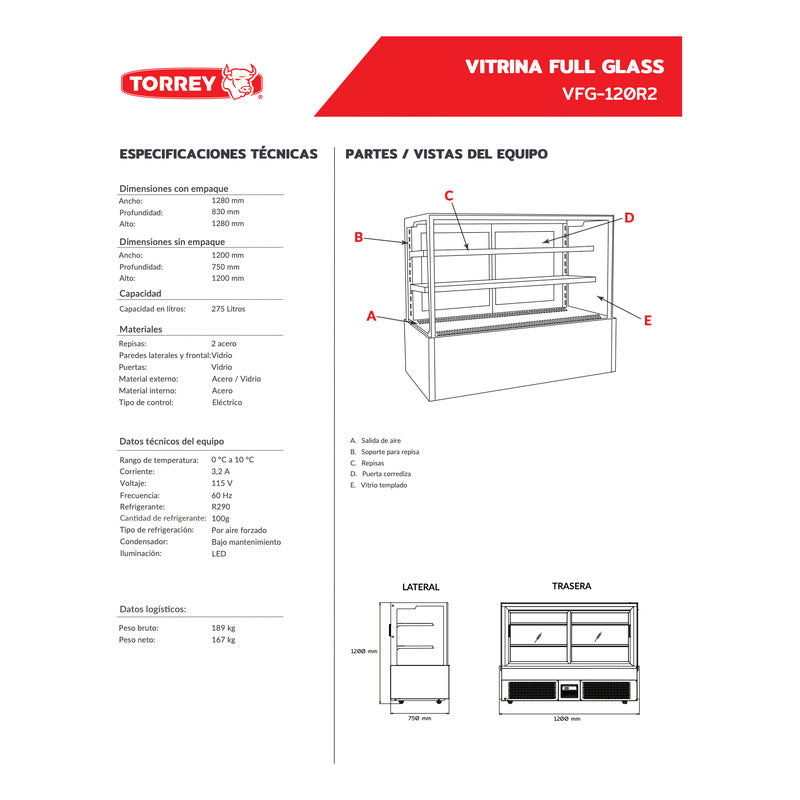 Vitrina Full Glass Vidrio Recto Panorámica Torrey Vfg-120r2 Recto