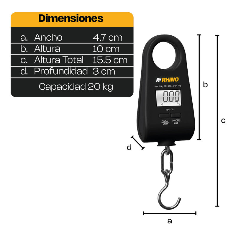 Bascula Colgante Portátil 20kg Bac-20 Color Negro Rhino Negro