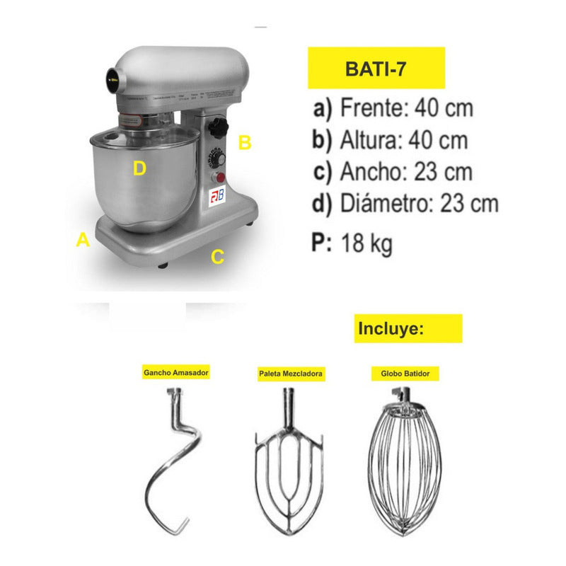 Batidora 7 Litros Bate Amasa Mezcla Rhino Bati-7 Color Gris Plata 60 Hz
