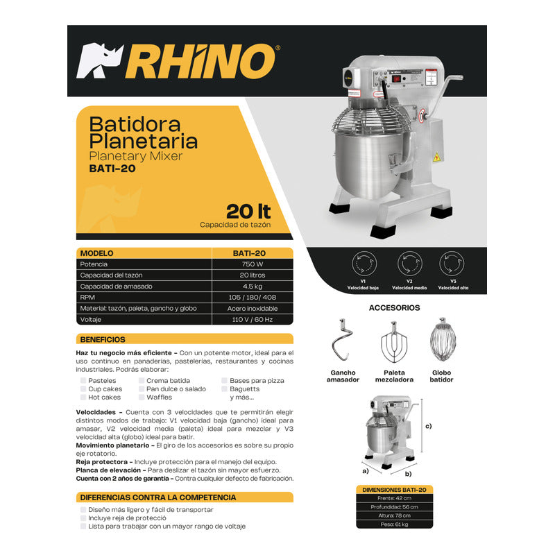 Batidora Planetaria Industrial Rhino 20 Litros Bati-20  Gris 60 Hz