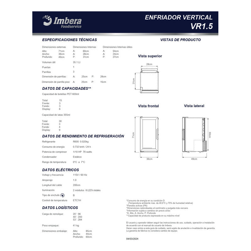 Refrigerador Comercial Vertical Imbera Vr-1.5 52.3l 1 Puerta 35.5 Cm De Ancho Blanco