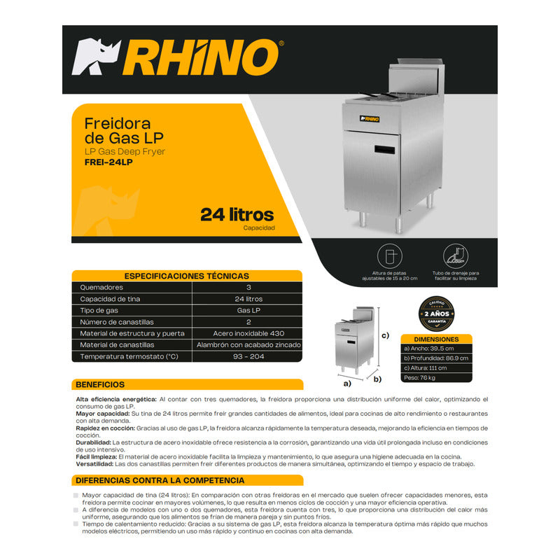 Freidora Industrial A Gas Lp Rhino 2 Canastillas 24 Litros Gris