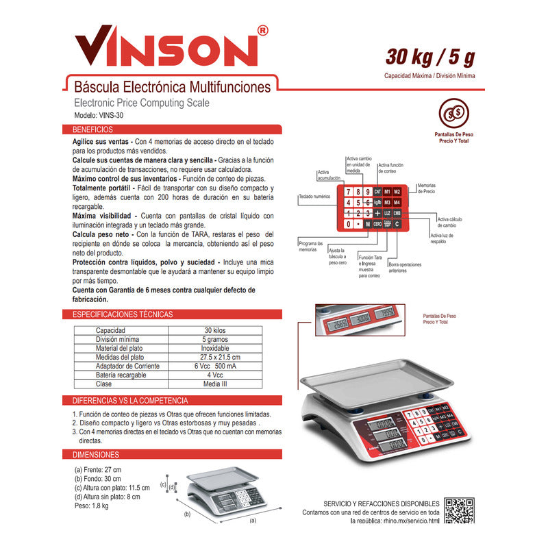 Báscula Comercial Digital Vinson Vins-30 30kg
