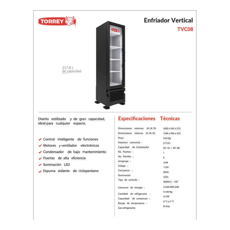Refrigerador Comercial Vertical Torrey Tvc-08 8 Pies Reyfri Blanco
