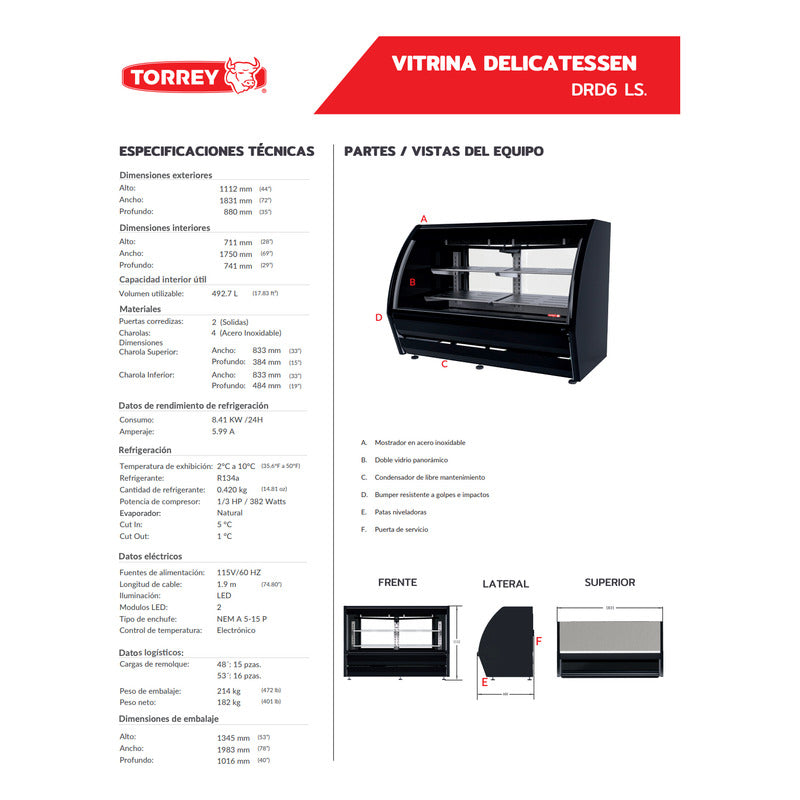 Vitrina Refrigerada Cremera Torrey Drd6lsb 2°c A 10°c Reyfri Curvo