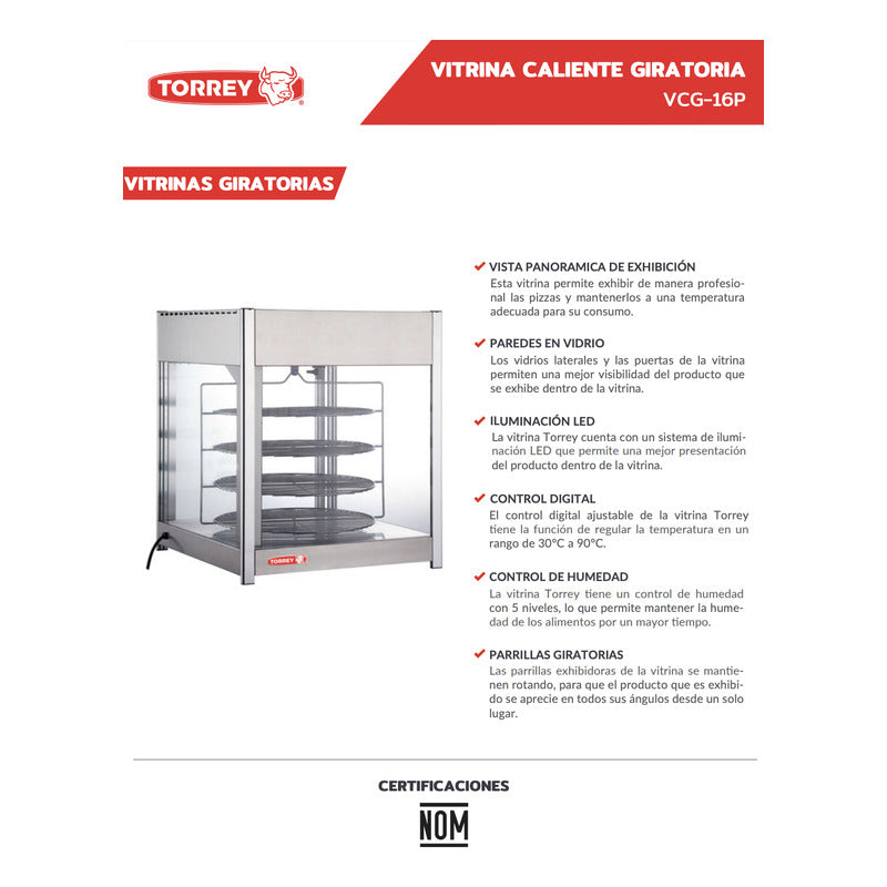 Vitrina Caliente Torrey Para Pizza De 45 Cm Vcg-16p