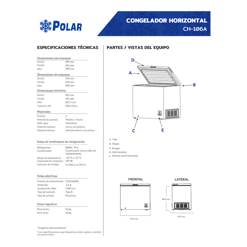Congelador Horizontal Polar Ch-106a 248 Lts 1 Puerta Reyfri Blanco