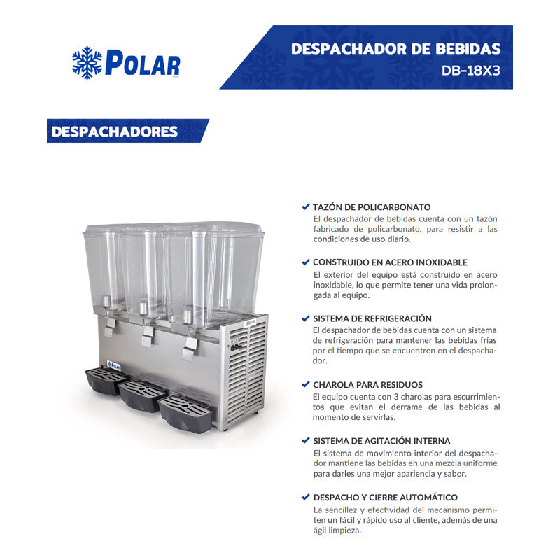Despachador Bebidas Polar Db-18x3 Acero Inox 3 Tazones 18 L Blanco