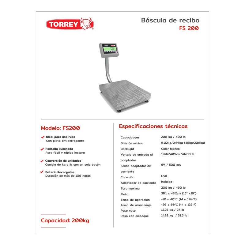 Báscula Comercial Digital Torrey Fs-200 Kg 48 Cm X 38 Cm