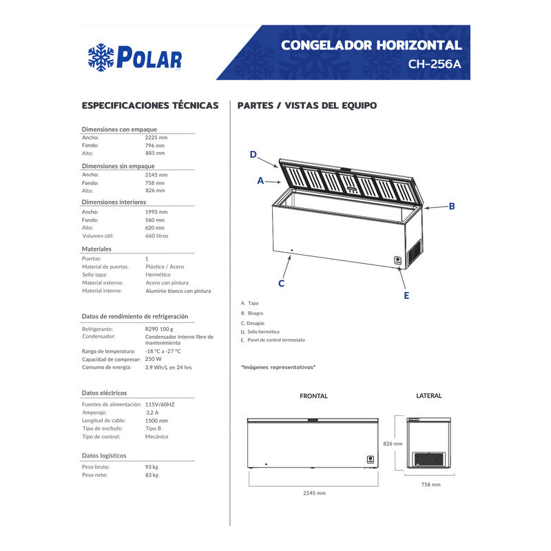 Congelador Tapa Cofre Comercial Polar Ch-256a -18°c A -27°c Blanco